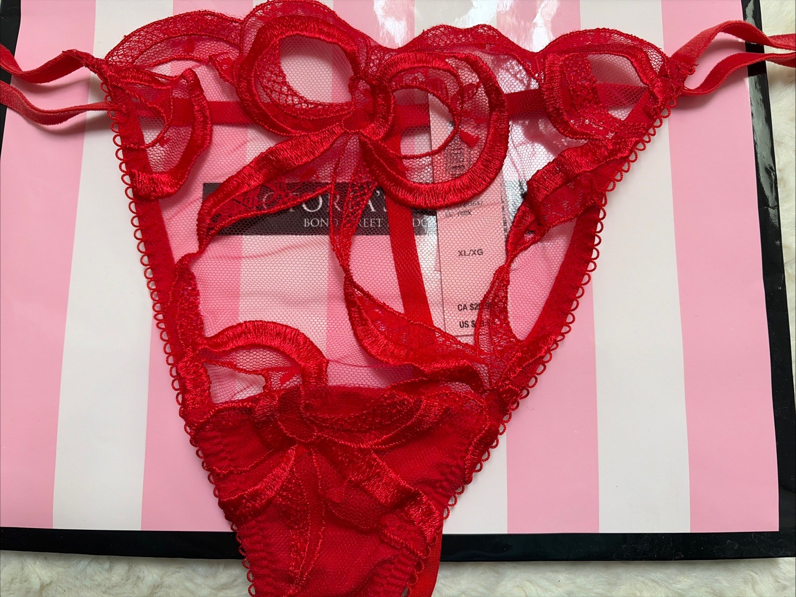 New Victoria’s Secret Red Mesh Embroidery Polyamide V String Panty, SZ XL
