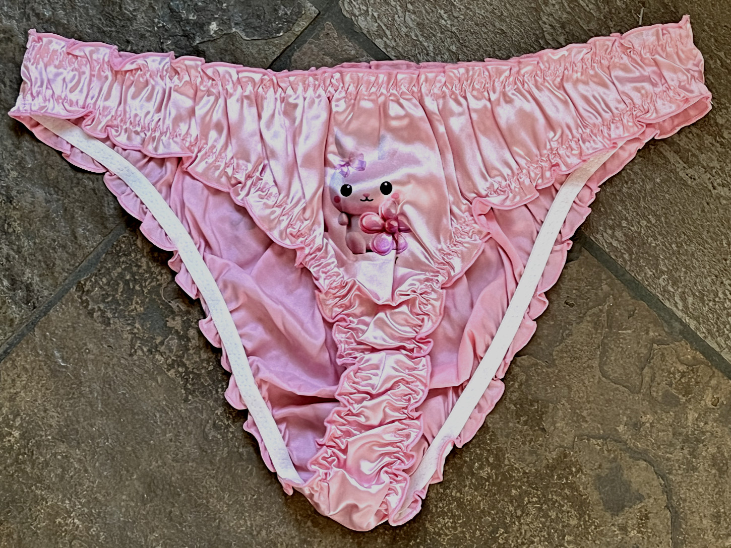 Cotton Candy Pink 8/XL Shiny SATIN HAPPY BUNNY Tanga Bikini Panties #SR25 NWOT