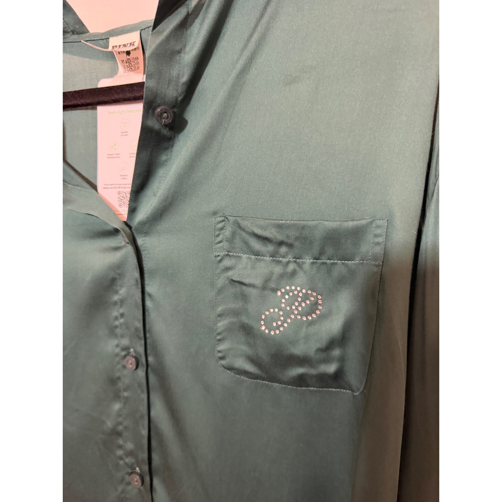 PINK Victoria’s Secret Satin Pajama Top Green Rhinestone Button Up Size M