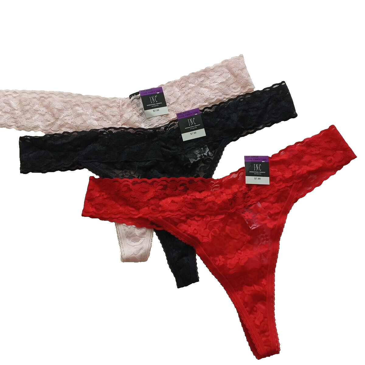3 Pack INC Women Sexy Lace Thong Size 2XL Multicolor Spandex Nylon