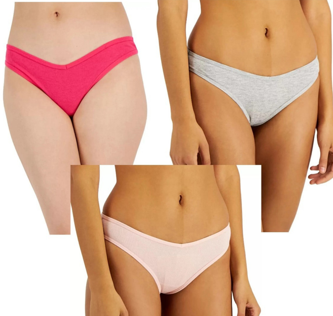 Jenni Women’s 3-Pack Ribbed Knit Thong Panty Underwear, Pink Gray Peach Variety