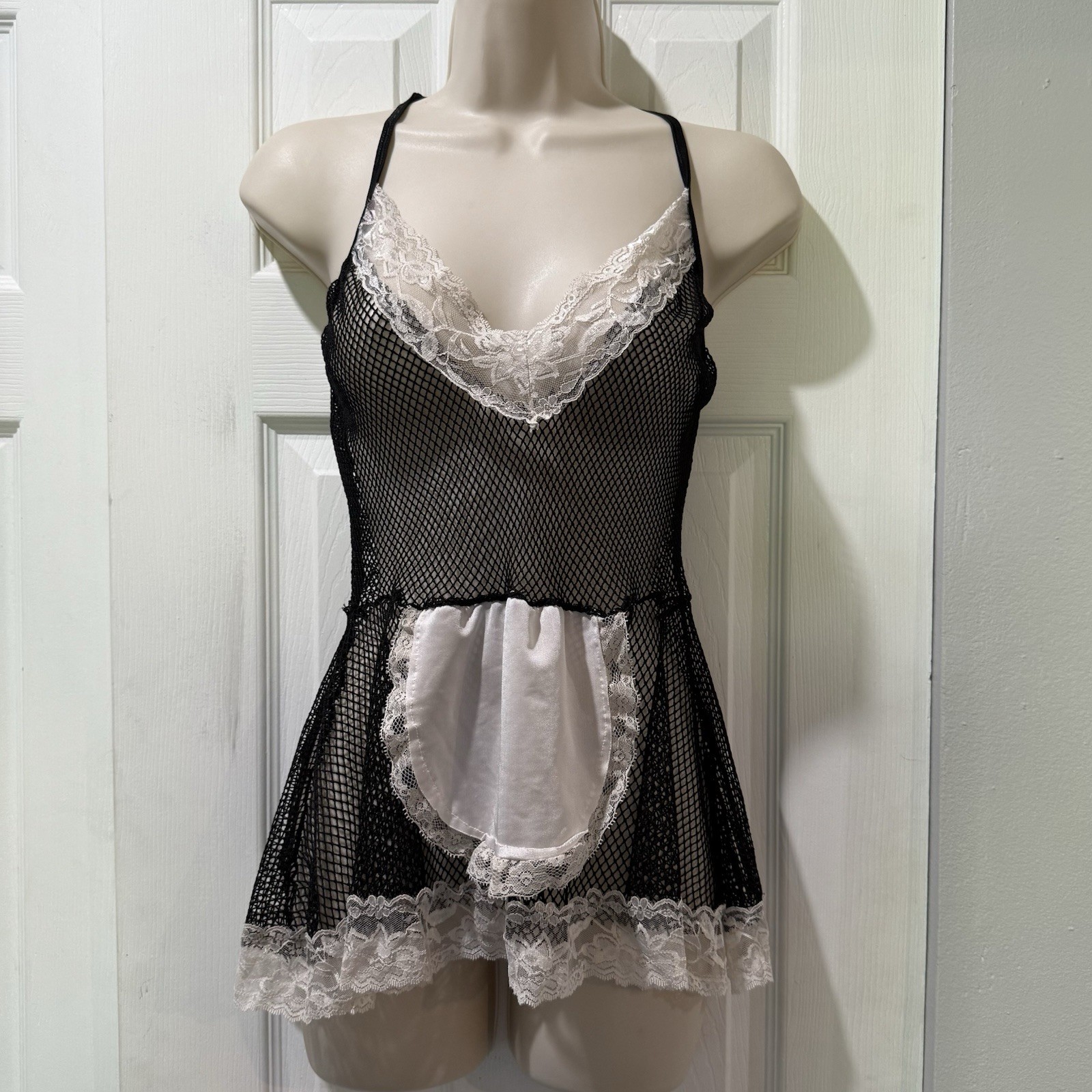 French Maid Mesh Lingerie Sz S/M Black Apron Lace Fishnet Cosplay Halter Sexy