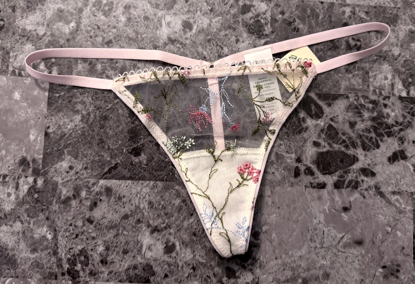 NWT AERIE AMERICAN EAGLE EMBROIDERED PINK FLORAL NETTED PICOT V STRING PANTIES
