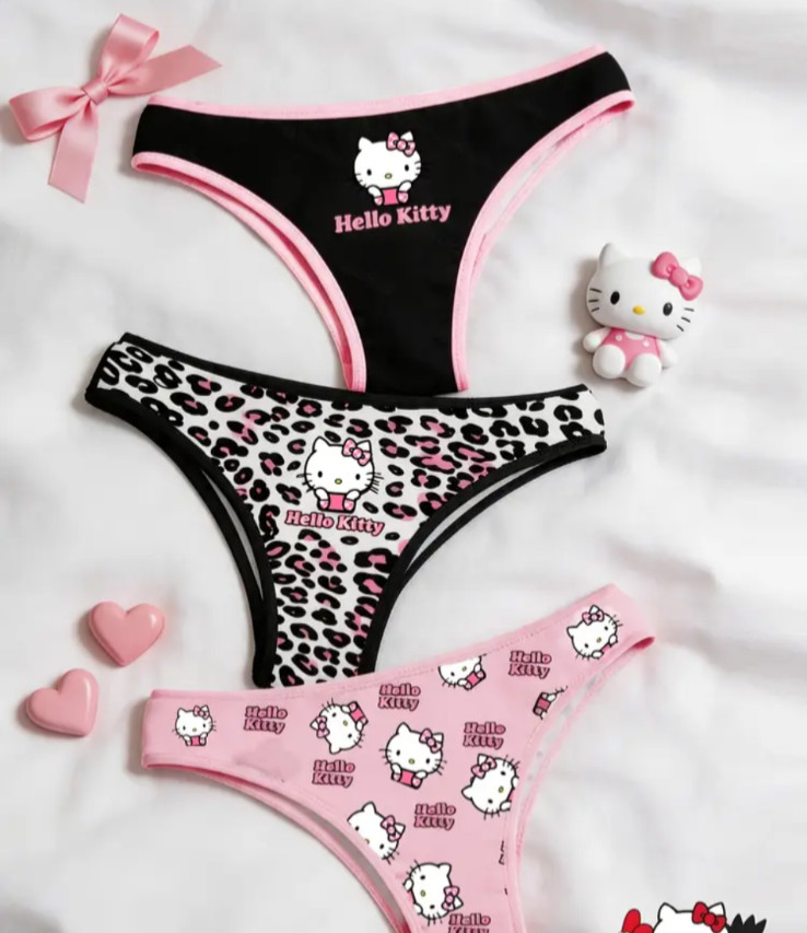 Sanrio Women’s Hello Kitty Cartoon Print Mid-Rise Brief Panty 3 pack L