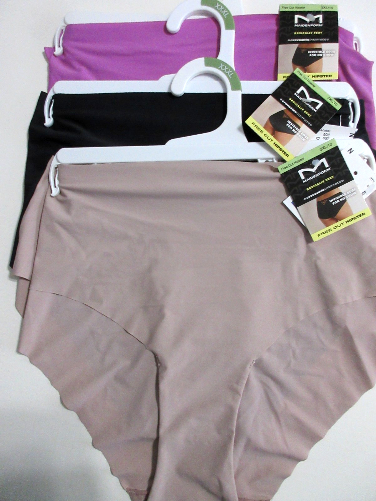 Maidenform 3-Pairs free cut HIPSTER Lazer no show Black Pink Tan nylon 10/3XL