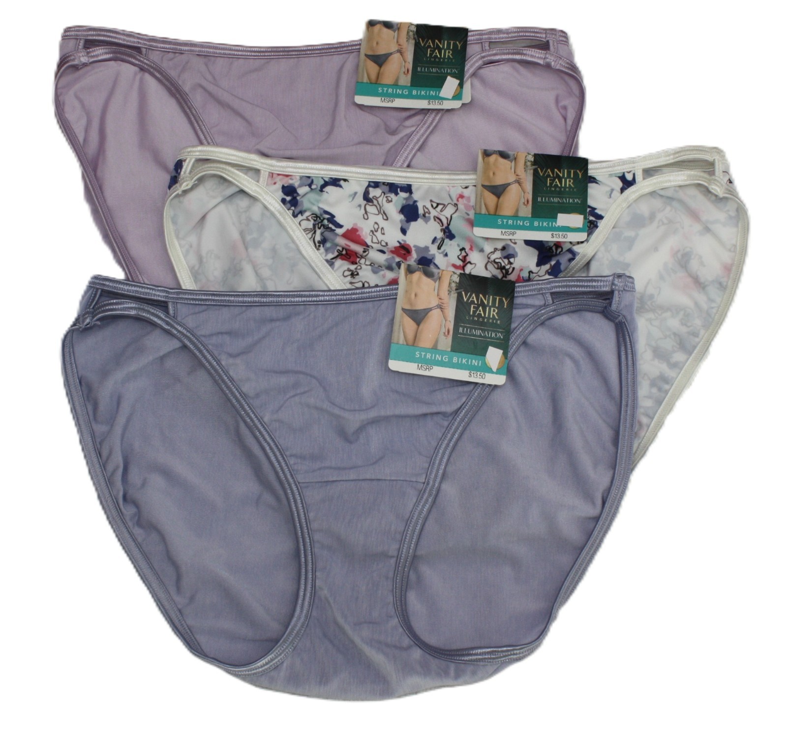 NWT set/3 VANITY FAIR ILLUMINATION STRING BIKINI 18108 CITY GARDEN LILAC BLUE L