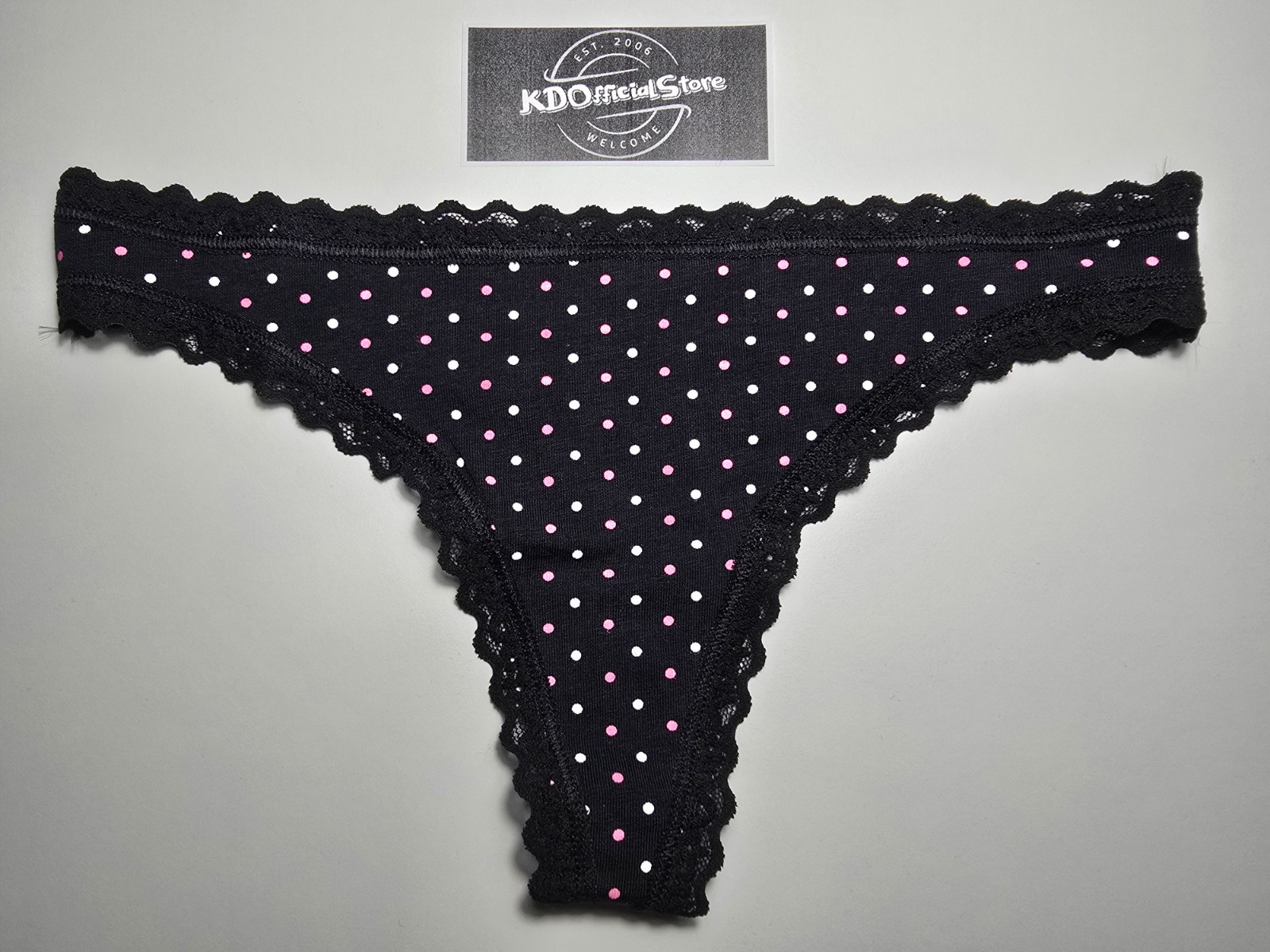 XS Victoria’s Secret Lace Trim Cotton Thong Panties Underwear Black Pk Polka Dot