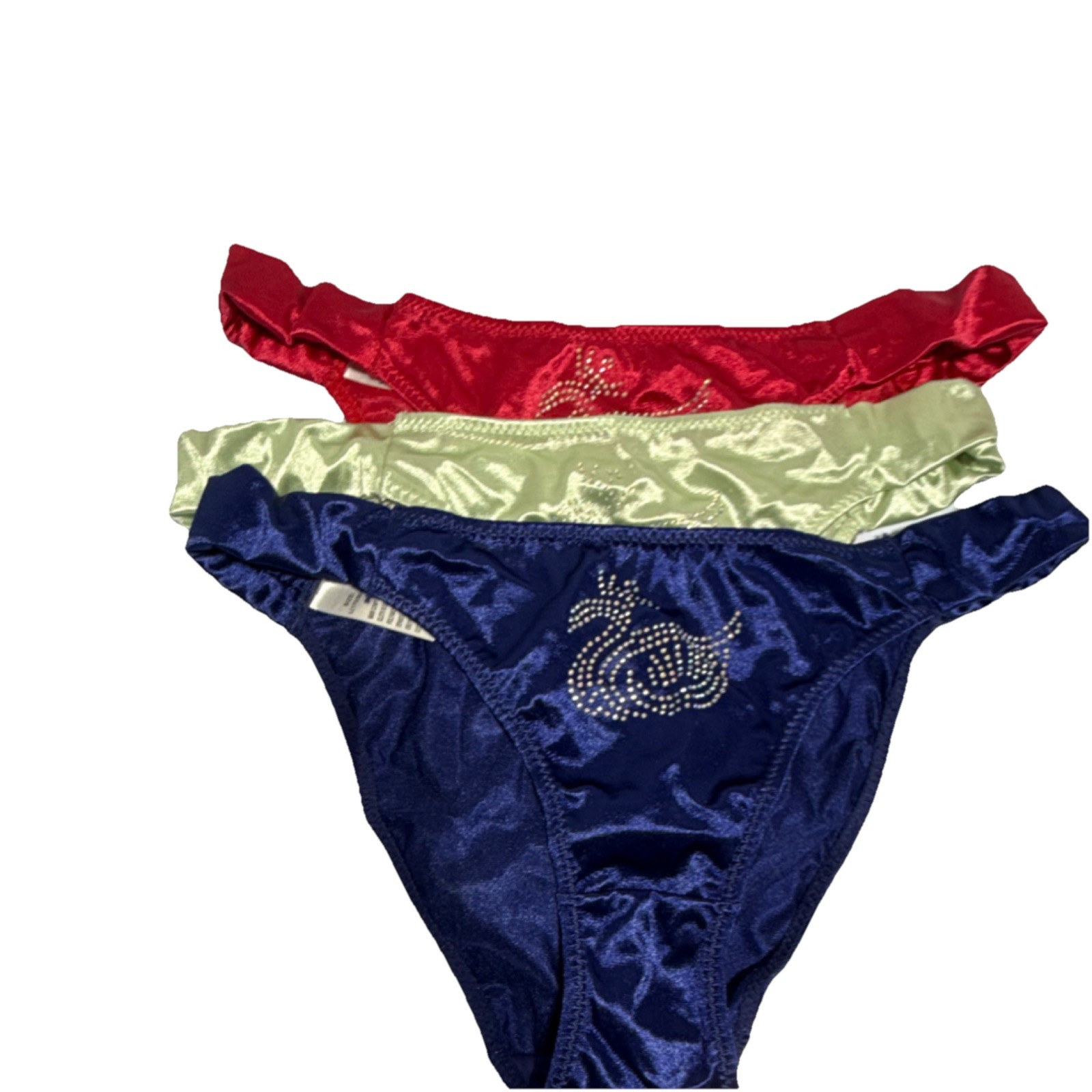 Thong Panties 3 Pack Red Yellow Blue Satin L Rhinestone Accent Women’s