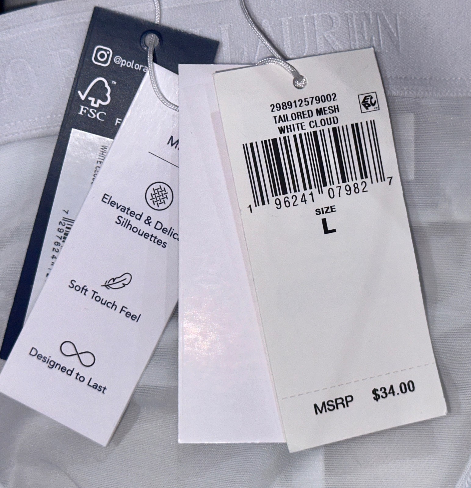 POLO RALPH LAUREN Tailored Mesh White Cloud Hi Waist Thong Panty Womens L 7 XL 8