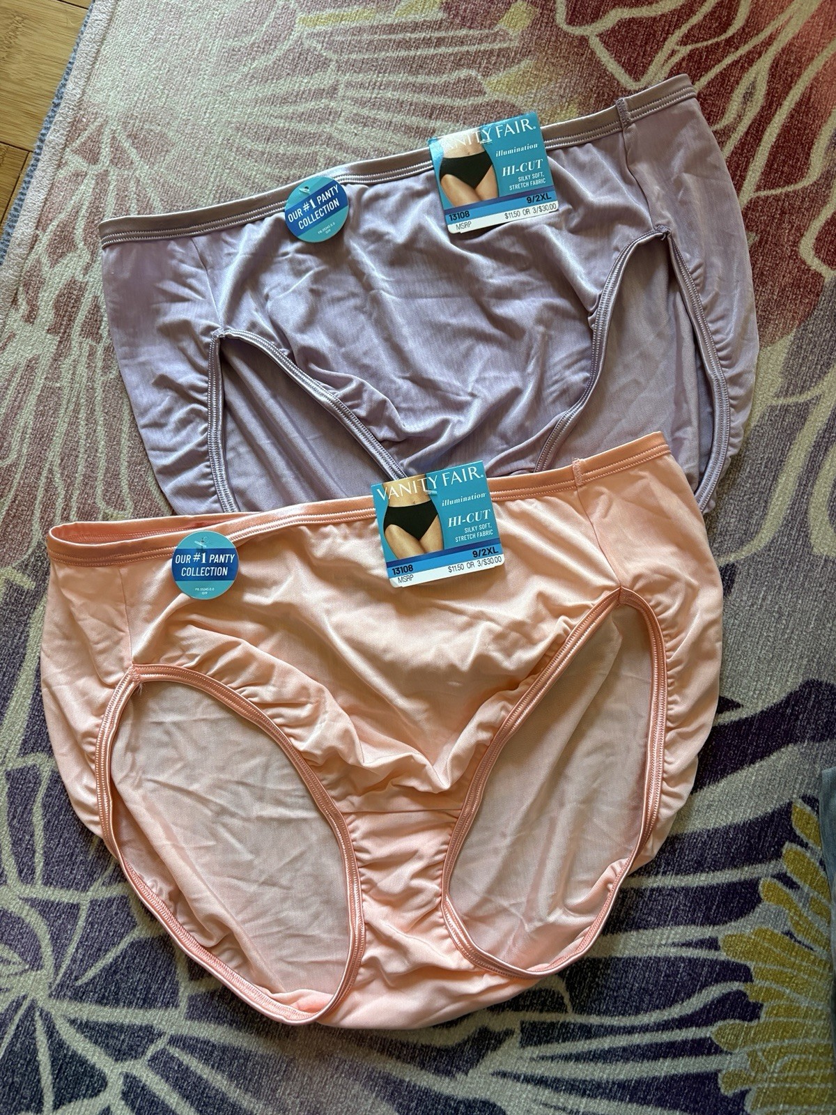 2 Vanity Fair Illumination Hi-Cut Brief Panties 13108 Sz 9/2XL Lilac Peach