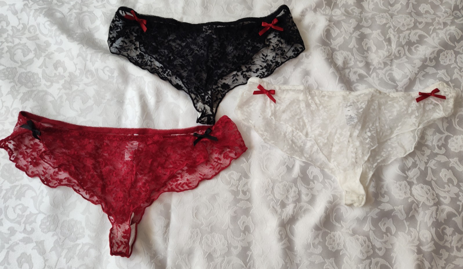 Women’s Lace Transparent Panties Lot (3) White, Red, Black Bow Accents Size M