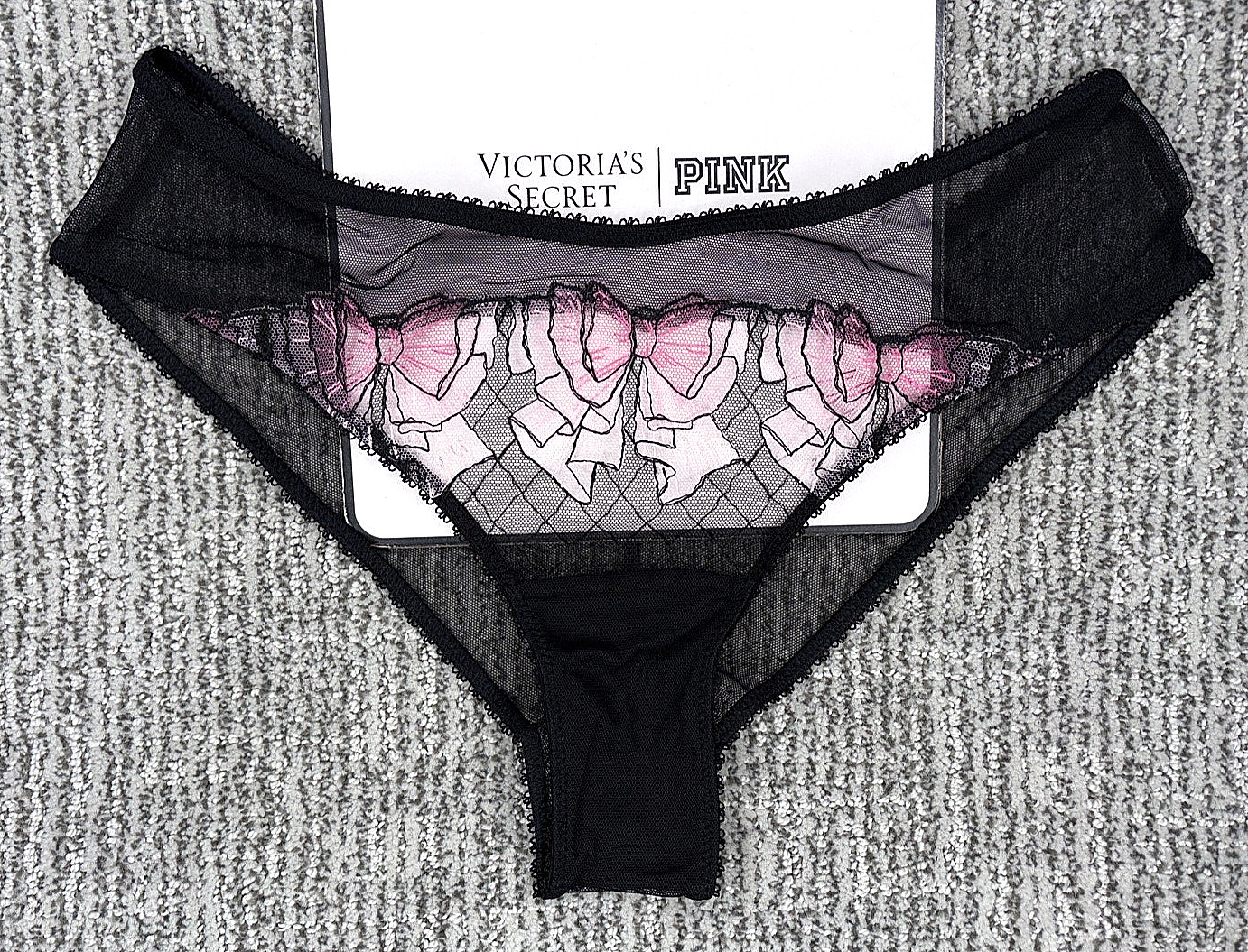 Victoria’s Secret Tease NWT Small Black Bow Embroider High Leg Mesh Cheeky Panty