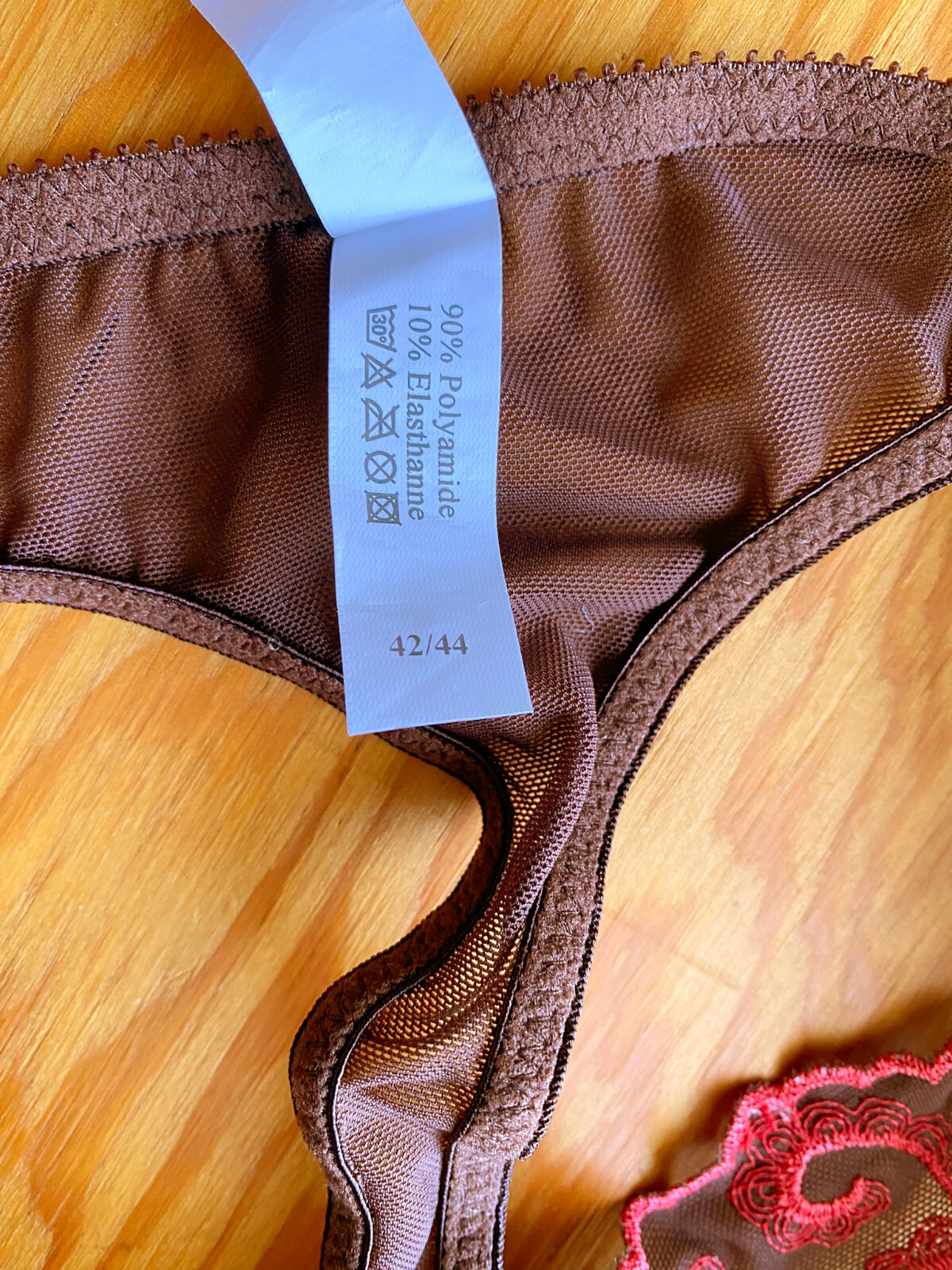 EMOTION Brown & Red Thong Panties Scroll Embroidery Aprox Size M NWOT