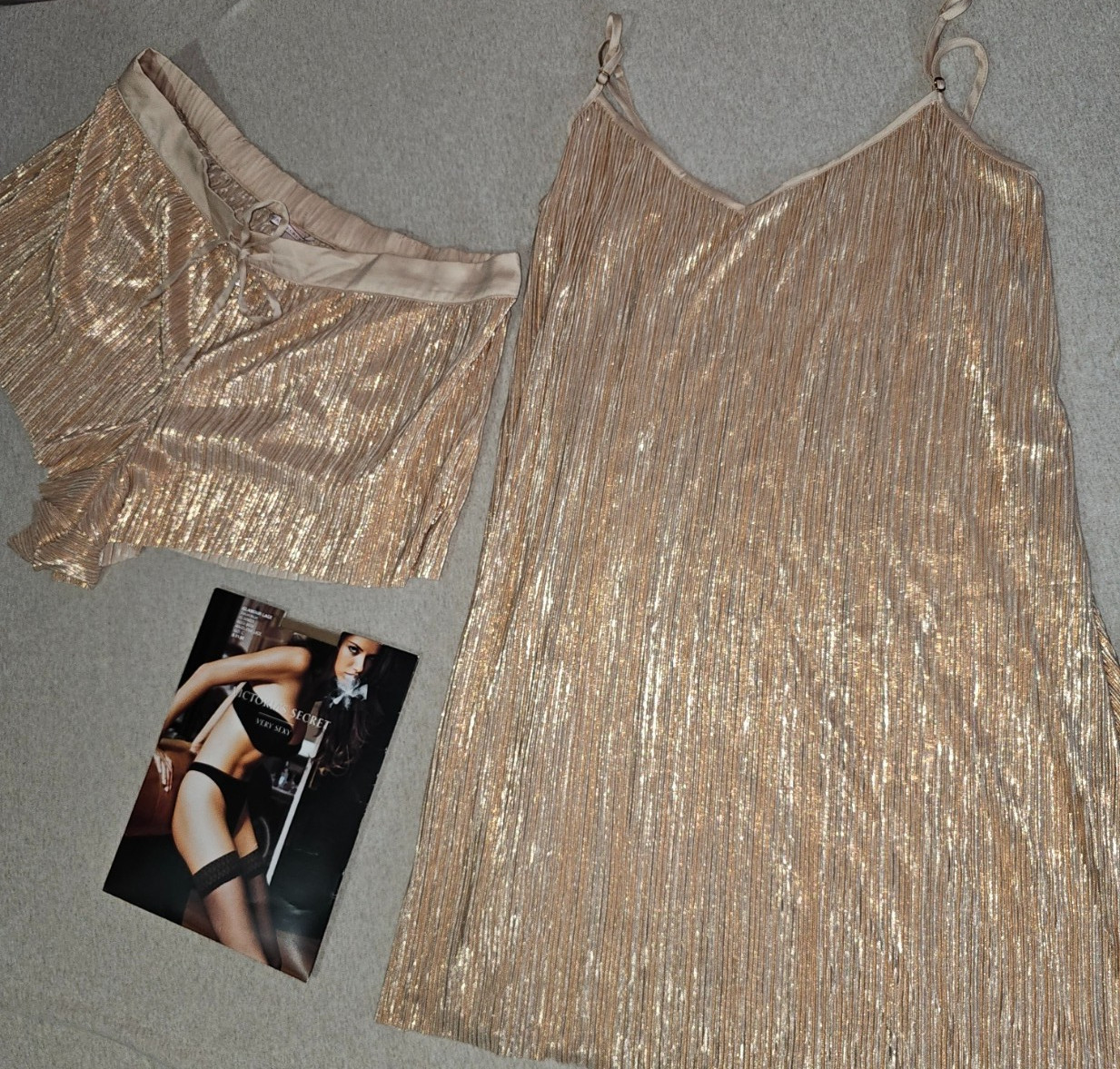 Victoria Secret Lot XL Bralette Panty Shimmer Pleated Gown Shorts Thigh Highs