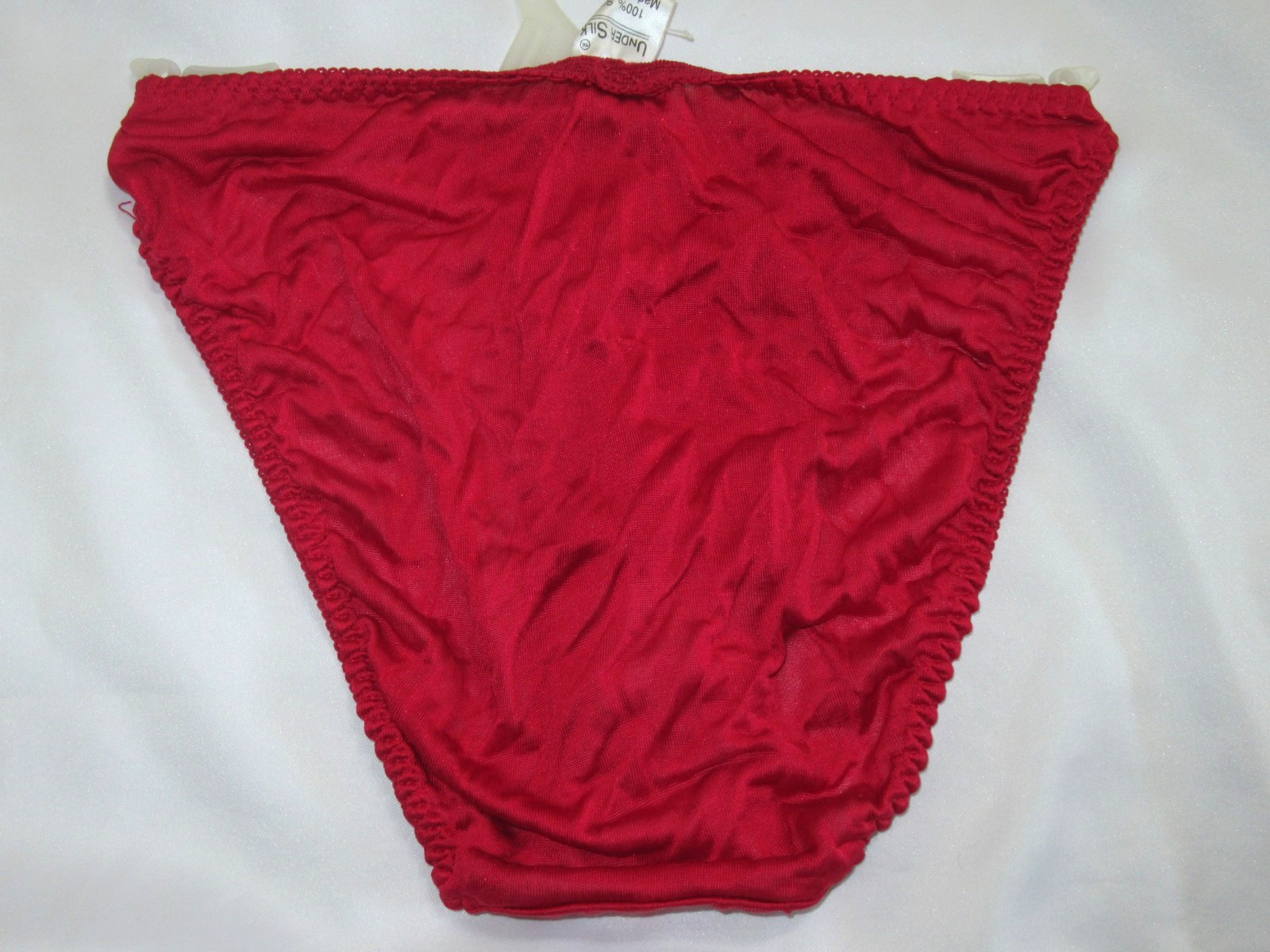 NWT UNDER SILK 1990 VINTAGE 100% SILK RED STRING BIKINI PANTIES sz S 28″ stretch