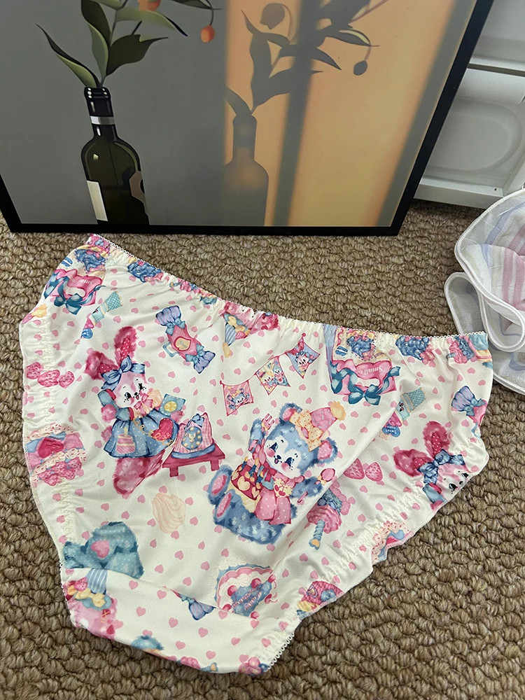 Cartoon Print Panties Mid Rise Bow Ruffle Breathable Women’s Underwear