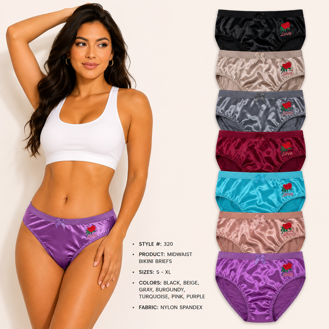 6 Women’s Satin Bikini Panties Mid Waist Briefs Soft Stretch Nylon Underwear #32