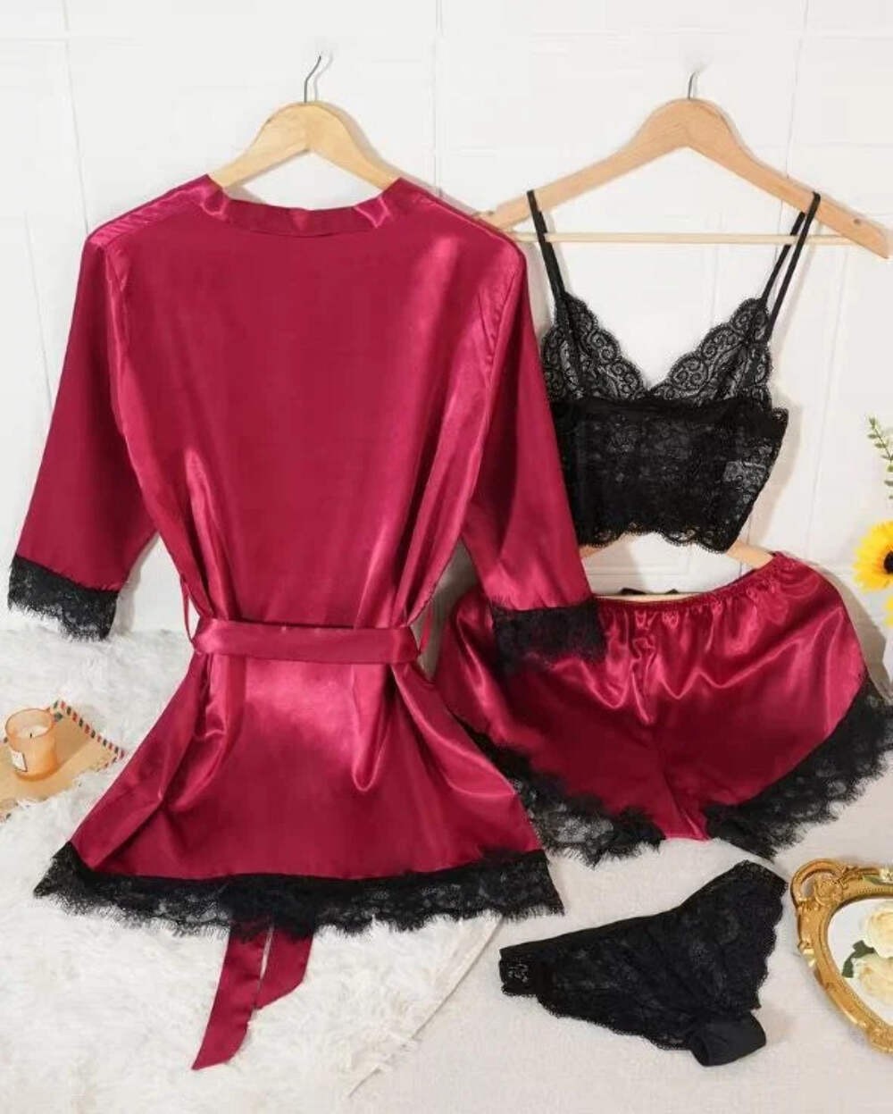 Silky feel deep red satin black lace trim 4 piece lingerie set size 16/18 (XL)