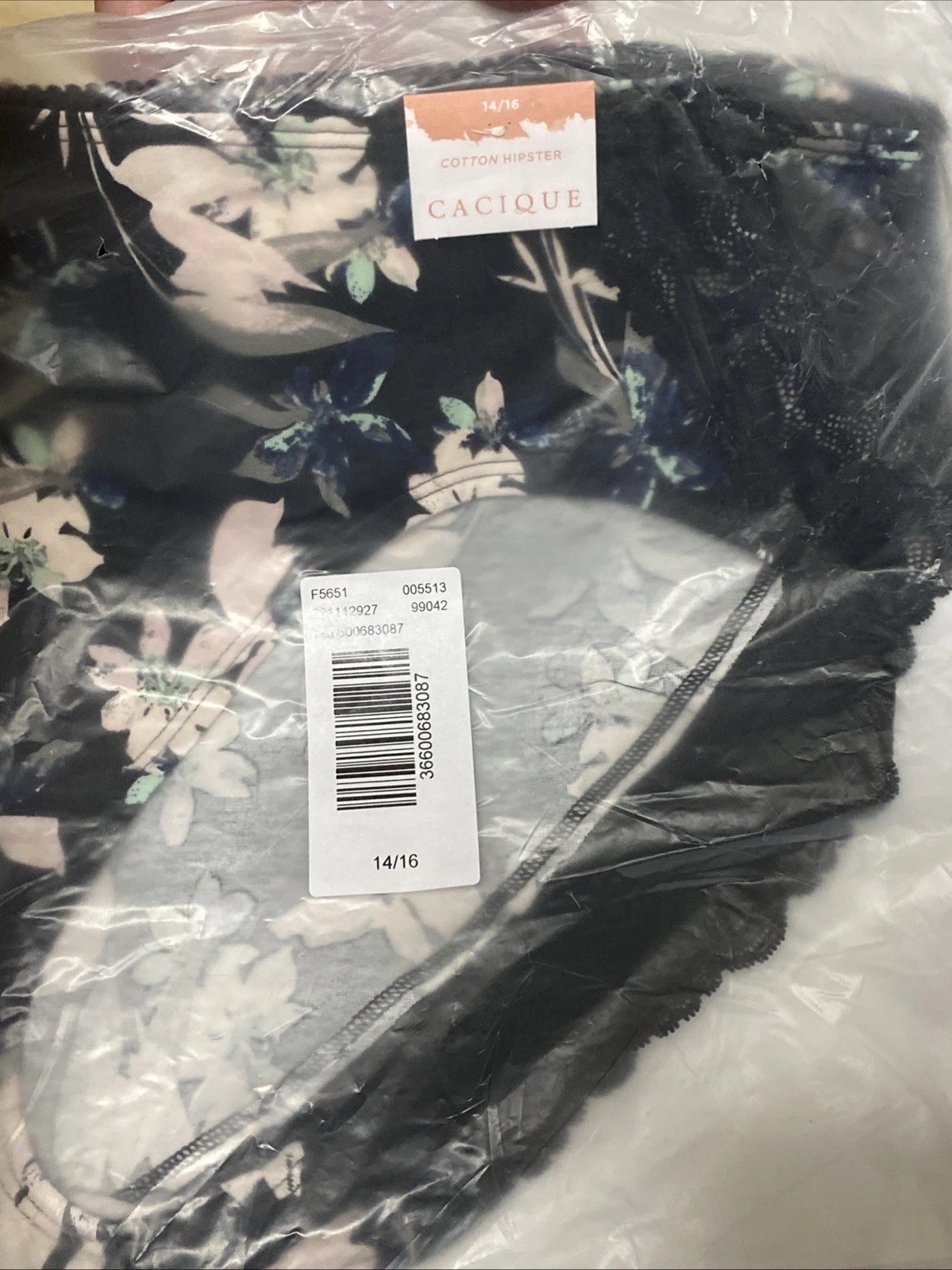 NWT Cacique Hipster Panty Lace Trim Back Plus Size 14/16 XL Black Purple Floral