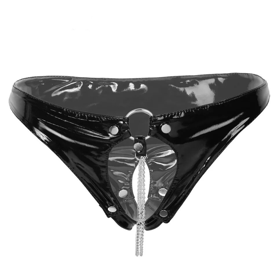 Women’s Wet Look PVC Leather Crotchless Thongs Underwear Knickers Latex Panties