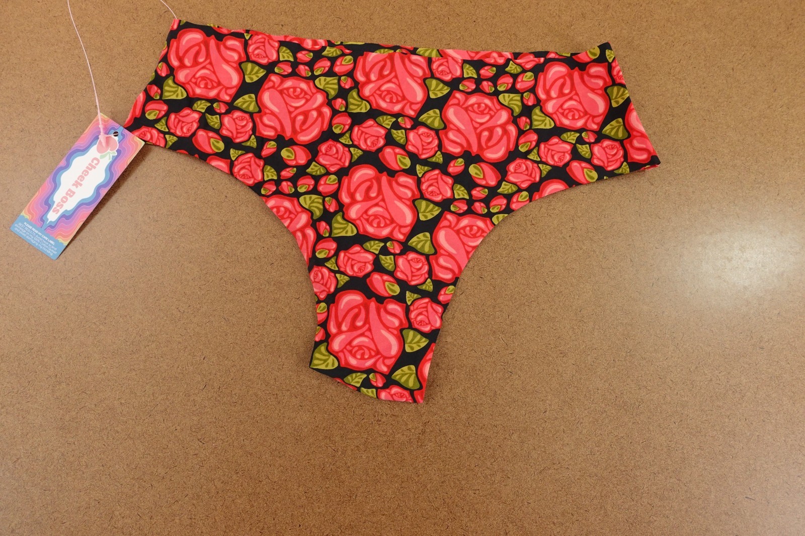 Cheek Boss Womens Size Small Black Red Roses Cheeky Panty NWT