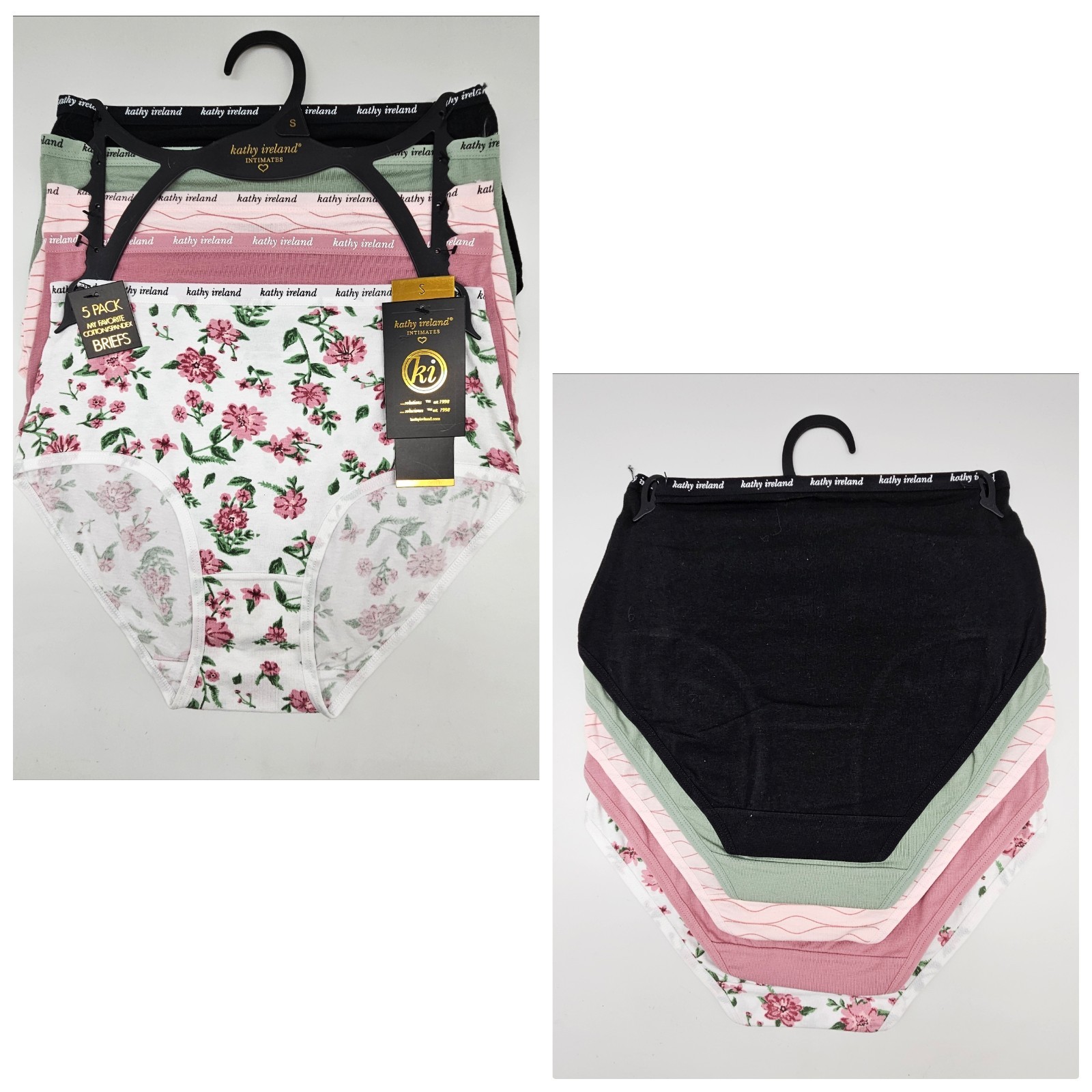 KATHY IRELAND 5 Pack Women’s S M Cotton Briefs Panties Black Green Pink Beige
