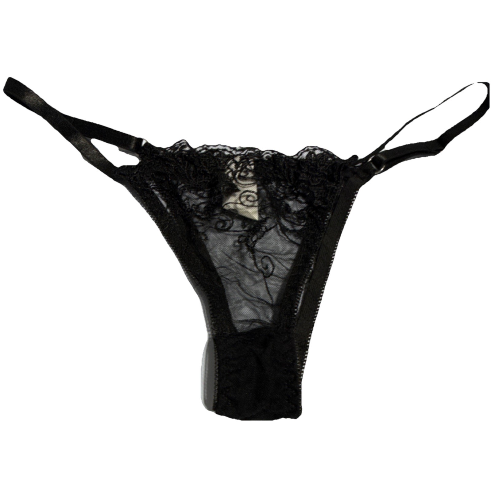 Black Lace Mesh Thong Panties Adjustable Straps Women’s Semi-Transparent