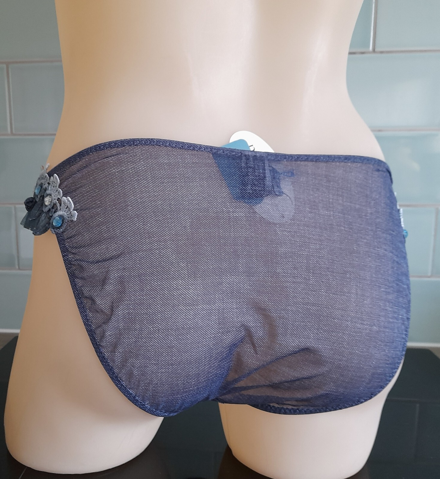 Janet Reger London Sheer Blue Denim Mesh Hipster Brief Lace/Jewels/Ruffles