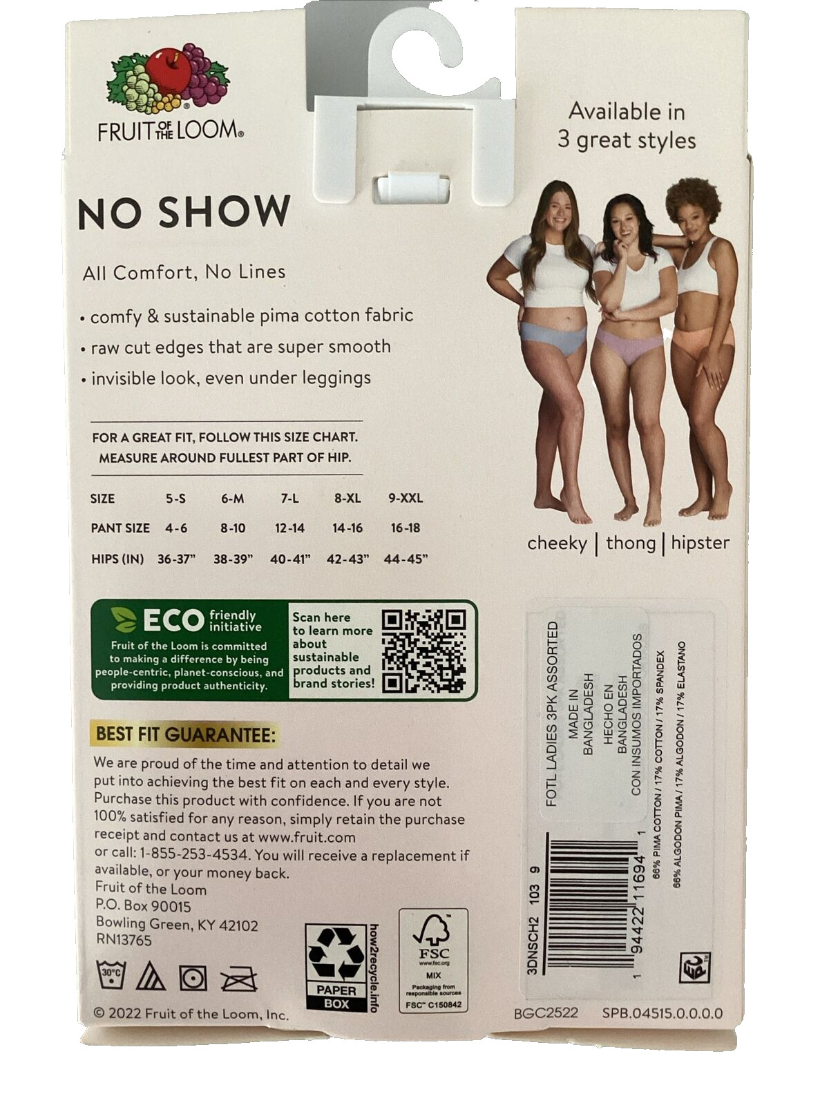 FRUIT OF THE LOOM 3-Pair NO SHOW PIMA COTTON CHEEKIES Panties Sz. 2XL/9*