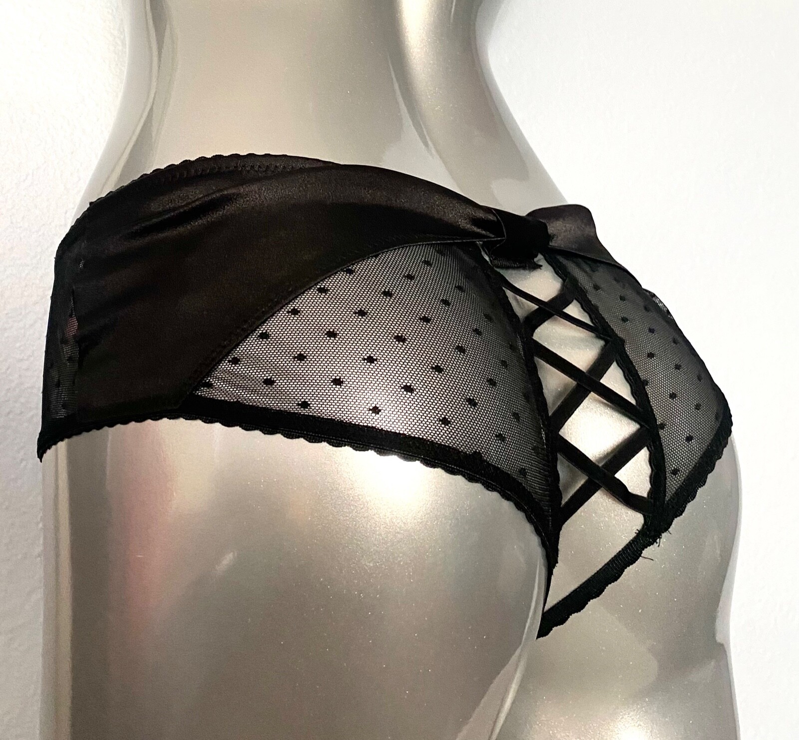 Victoria’s Secret Cheeky Panty Very Sexy Black Dot Mesh Lace Up Open Back S