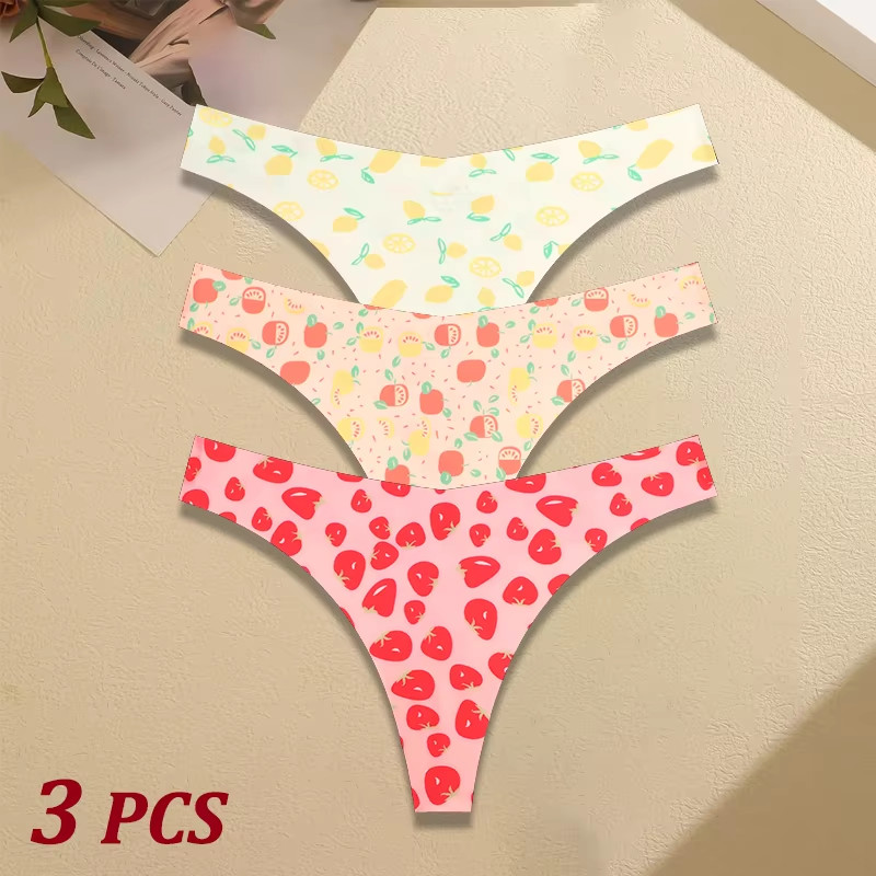 3Pcs Ultra-Thin Seamless G-String Women Thongs Sexy Sweet Fruit Low-Waist Pantie