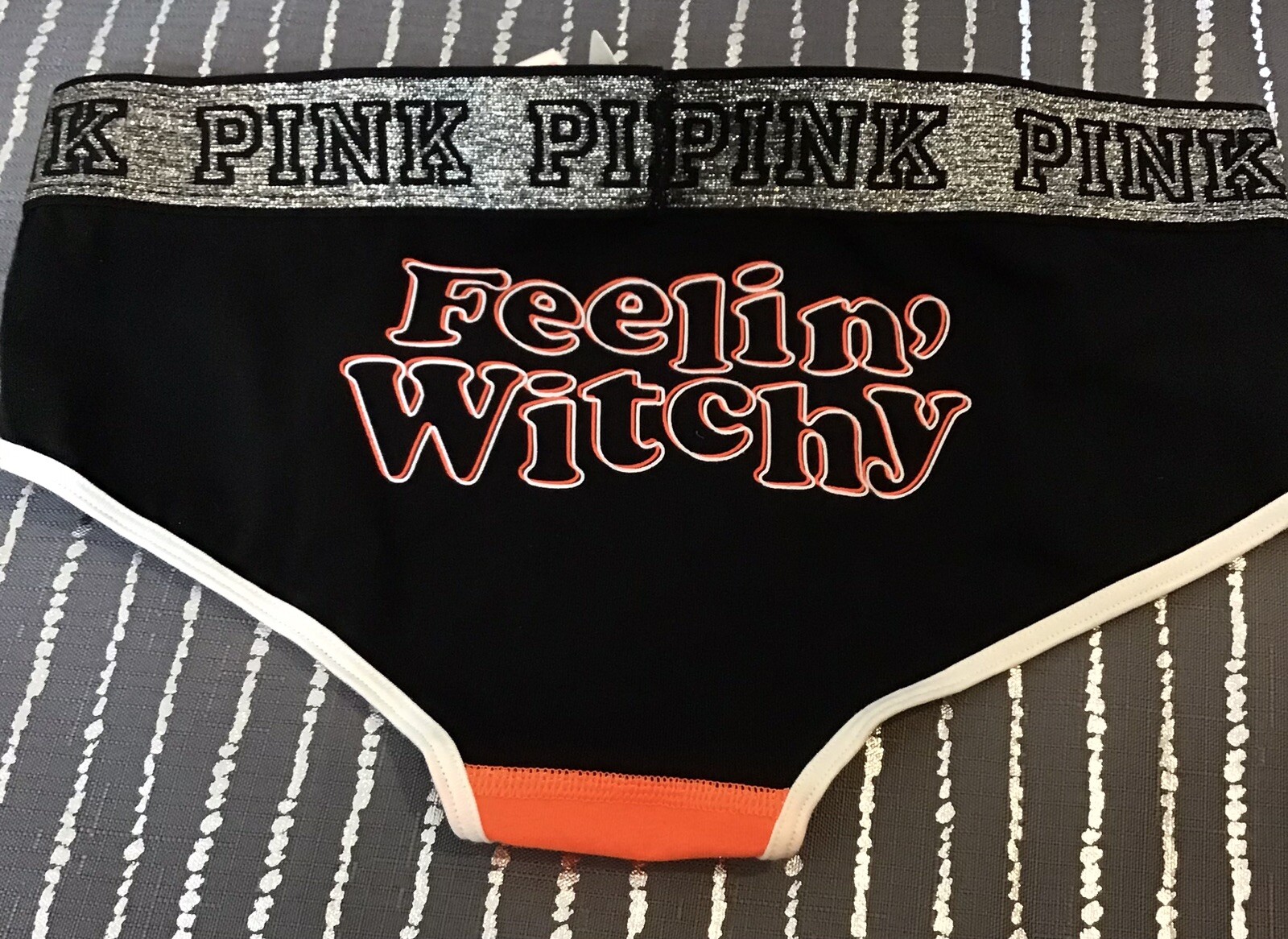 Victorias Secret PINK Logo Hipster Small Panty Feelin Witchy Black Orange New