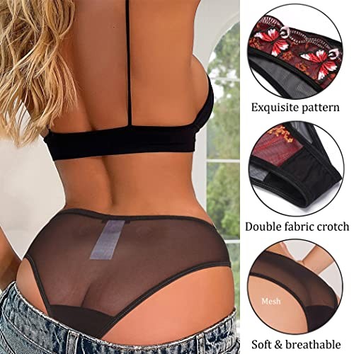 Sexy Panties for Women Butterfly Embroidered Underwear Mesh Small Red-1 Pack