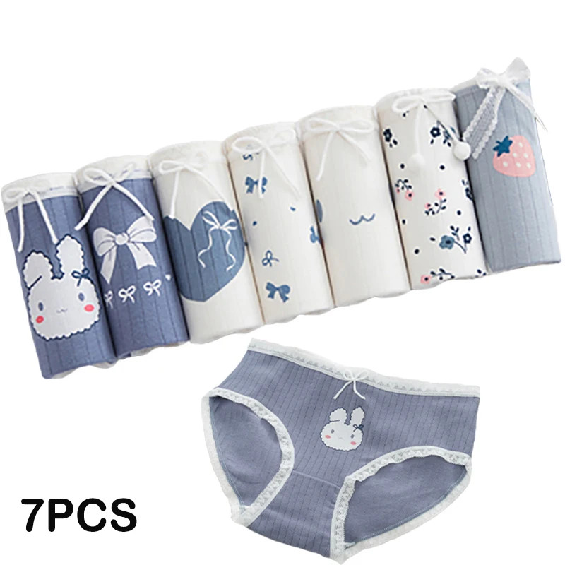 Low Rise Cotton Panties Women Cartoon Print Seamless Soft Stretch Comfort 7 Pcs