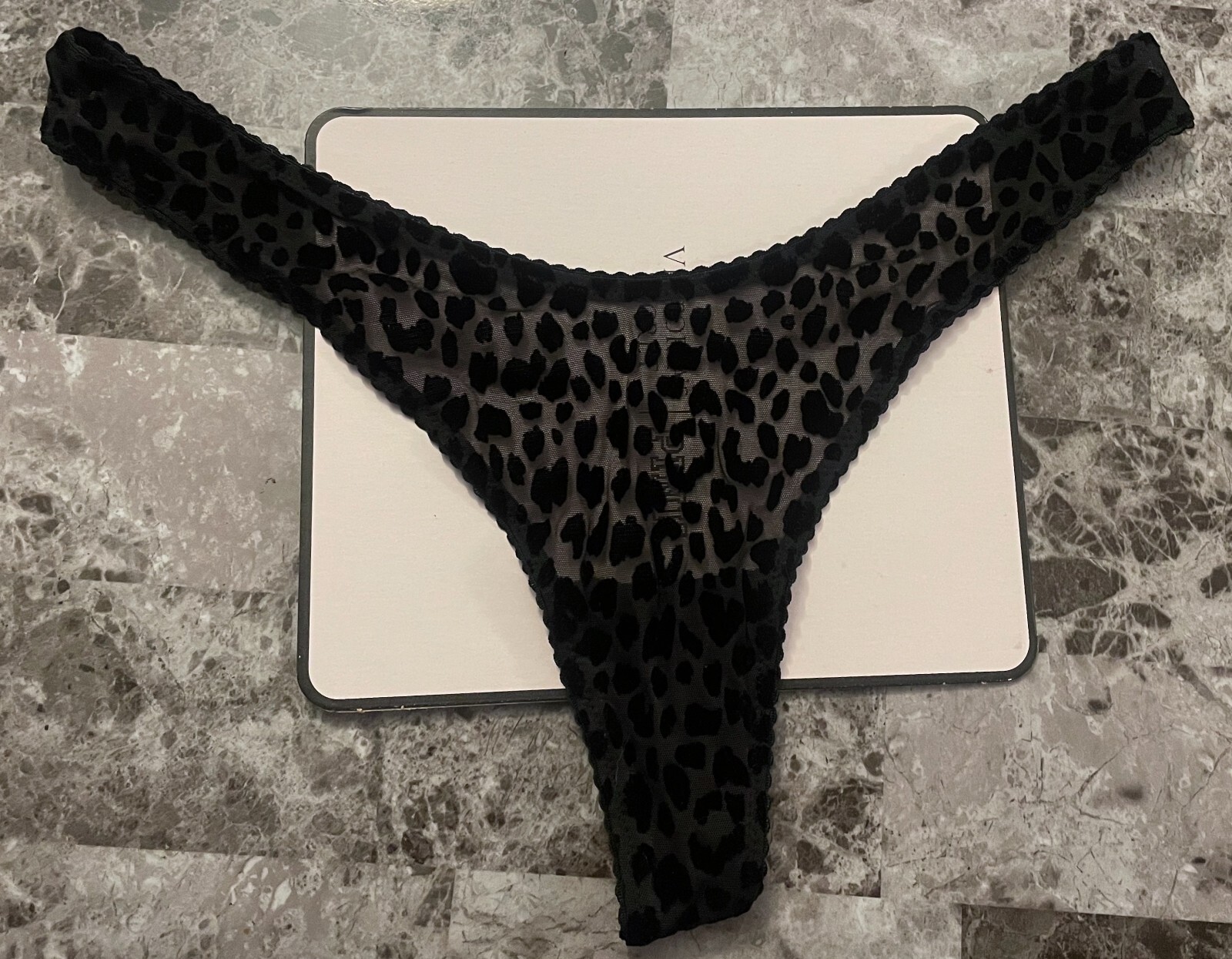 NWT VICTORIA’S SECRET BLACK MESH VELVET LEOPARD CHEETAH HIGH LEG THONG PANTIES