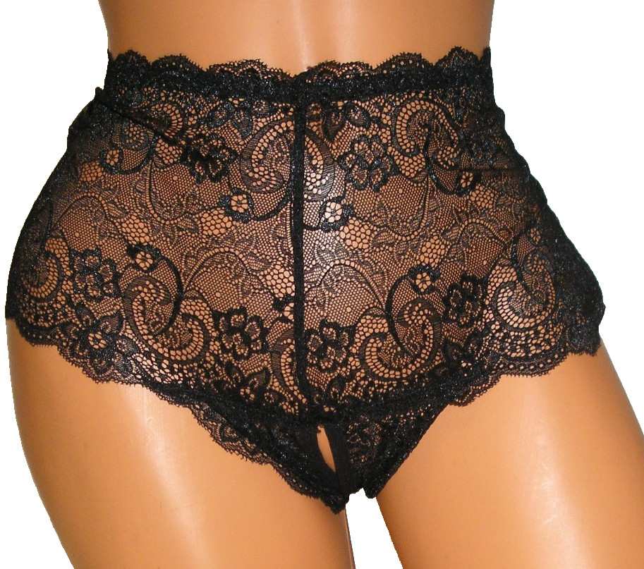 Panties Lingerie Black Lace Crotchless 0XL Adult Gift