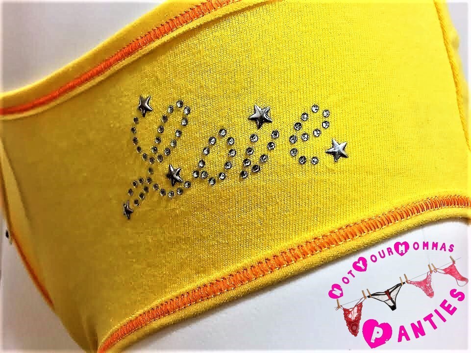 VISION INTIMATE solid yellow w/orange stitching hi-cut briefs w/rhinestones [XL]