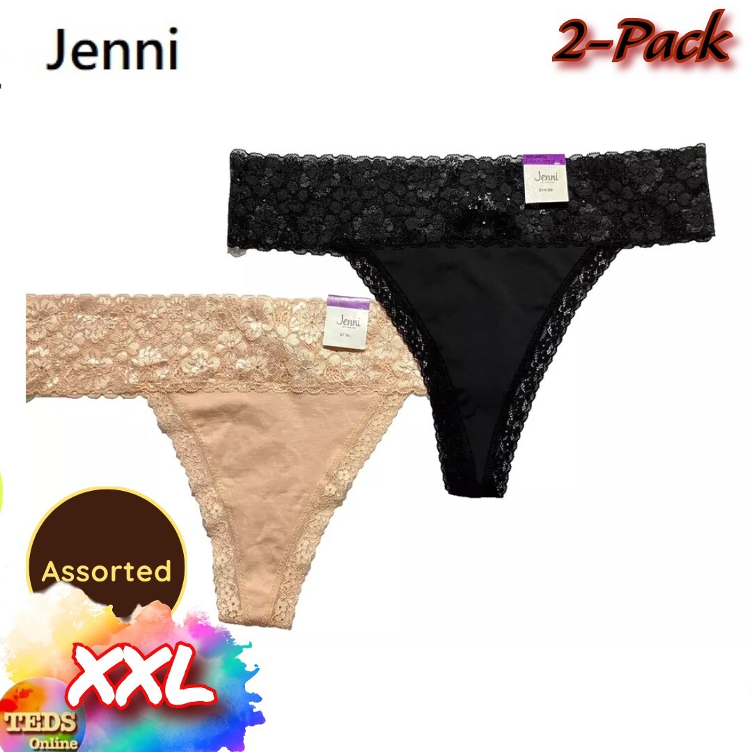 NWT 2-Pack Jenni Woman’s XXL Wide-Lace-Waist Thong Underwear Assorted