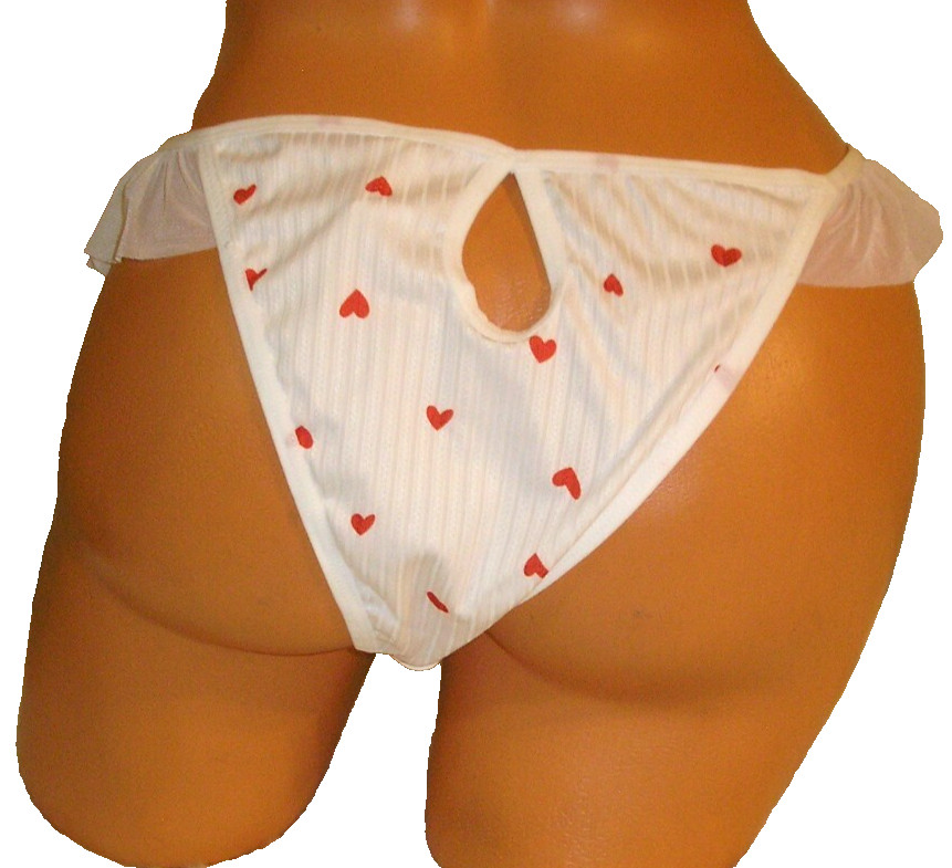 Heart Print Ruffled Sides Keyhole Back White Bikini Panties Lingerie, XL