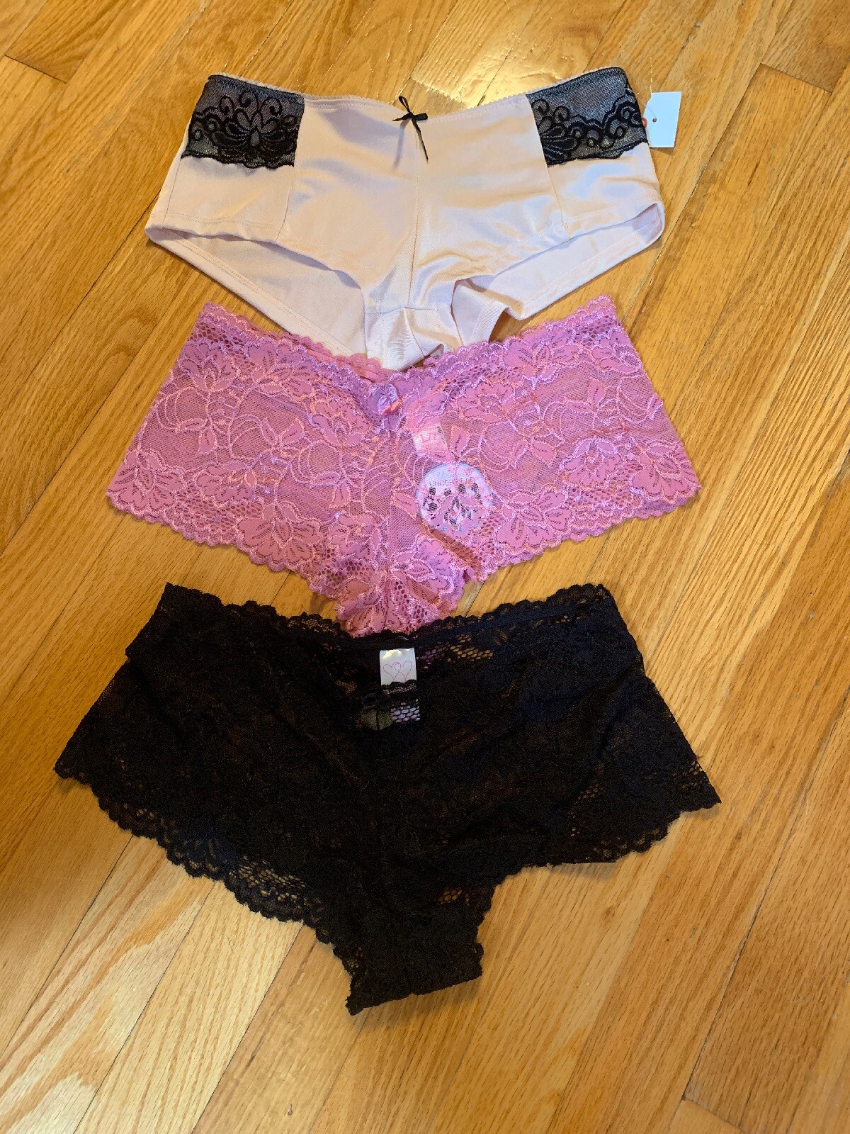Nwt Lot 3-Boyshort Panty, Beige & 2 Lace Cheeky Panty, Black, Pink L Sexy!