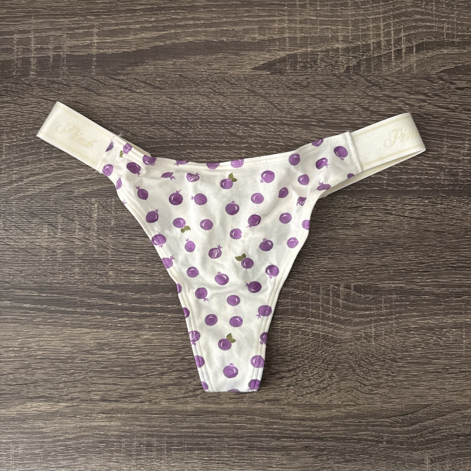 Pink By Victoria’s Secret, Small, White Plums, Logo, Cotton Thong Panties