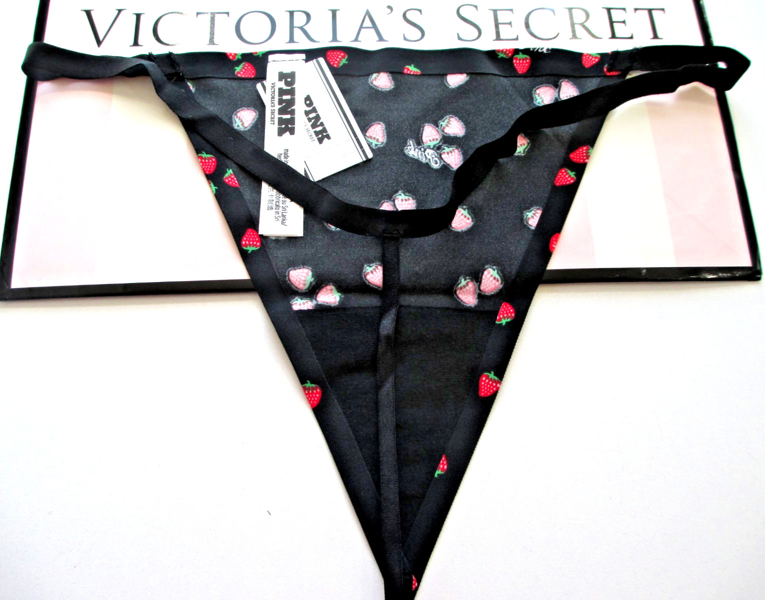 VICTORIA’S SECRET PINK No Show V-String Thong Panty Black Strawberries S M L XL