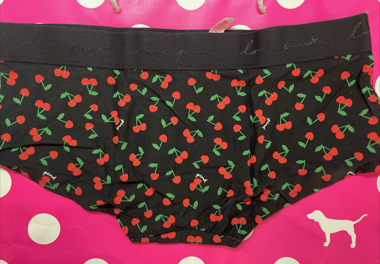 NEW 2021 Victorias Secret PINK Low Rise Boyshort Wide Logo Band Panty L Cherries