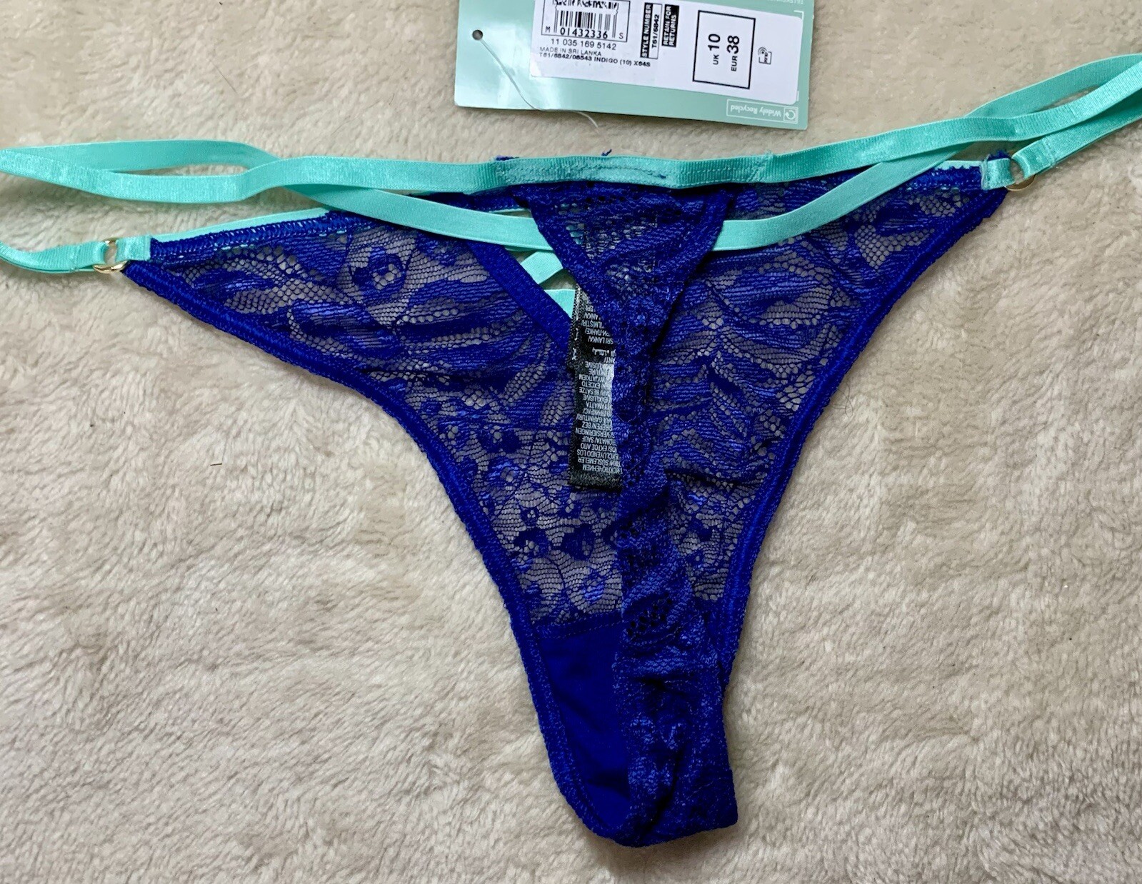 BNWT M&S Garter Thong in Indigo Mix Lace UK 10