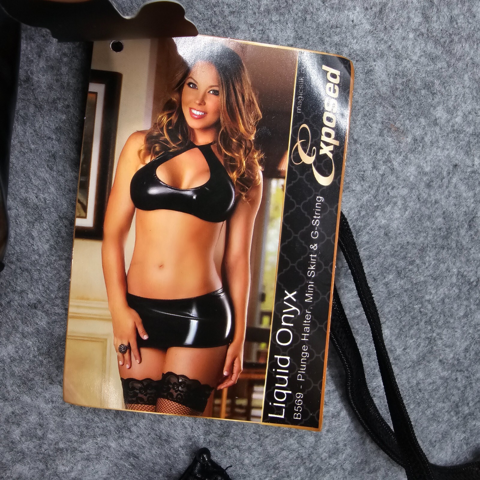 Magic Silk Liquid Onyx Queen Size Cut Out Bralette, Panty & Stirrup Garter Black