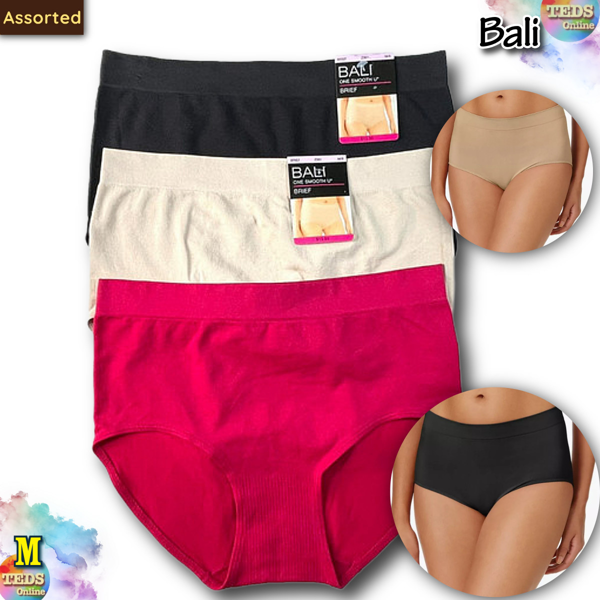 NWT 3-Pack Bali Women’s M/6 One Smooth U All Over Smoothing Brief 2361 Assorted