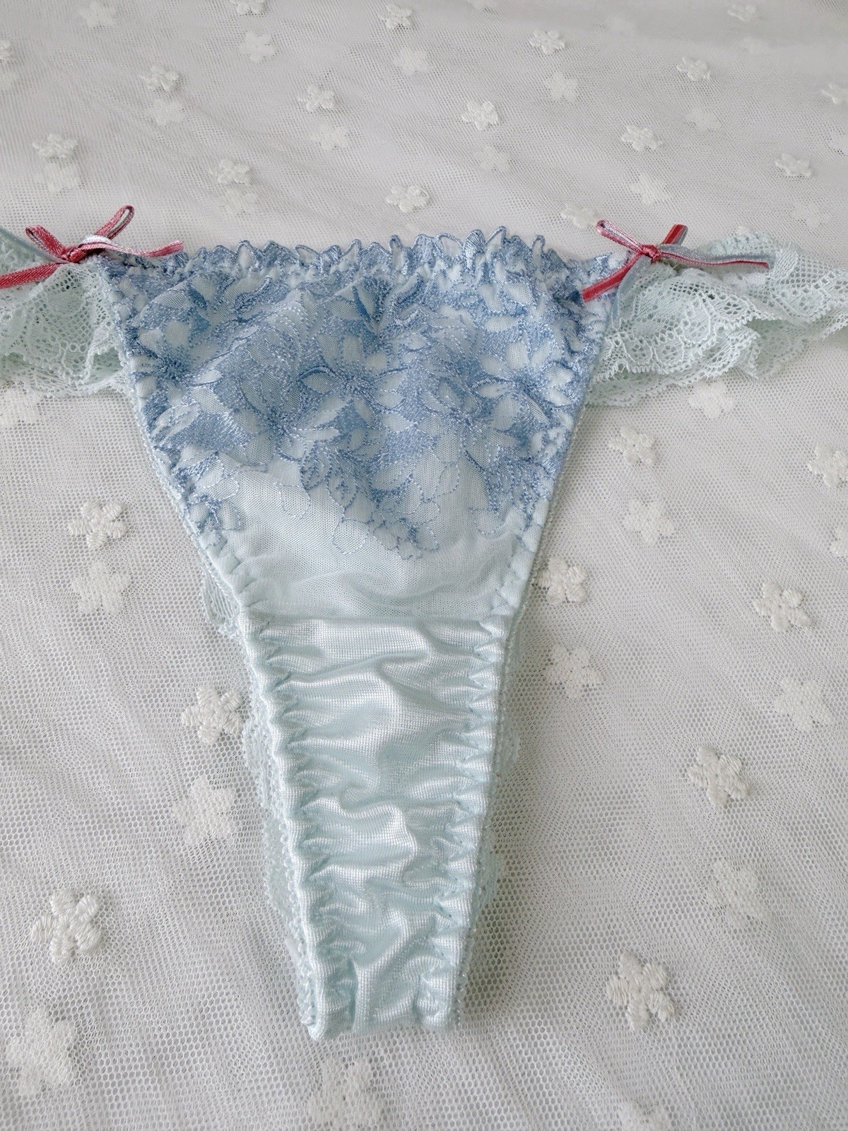 US-S Japanese Brand 美匠 Satin Bow Floral Embroidered Lace Ruffle Nylon Thong