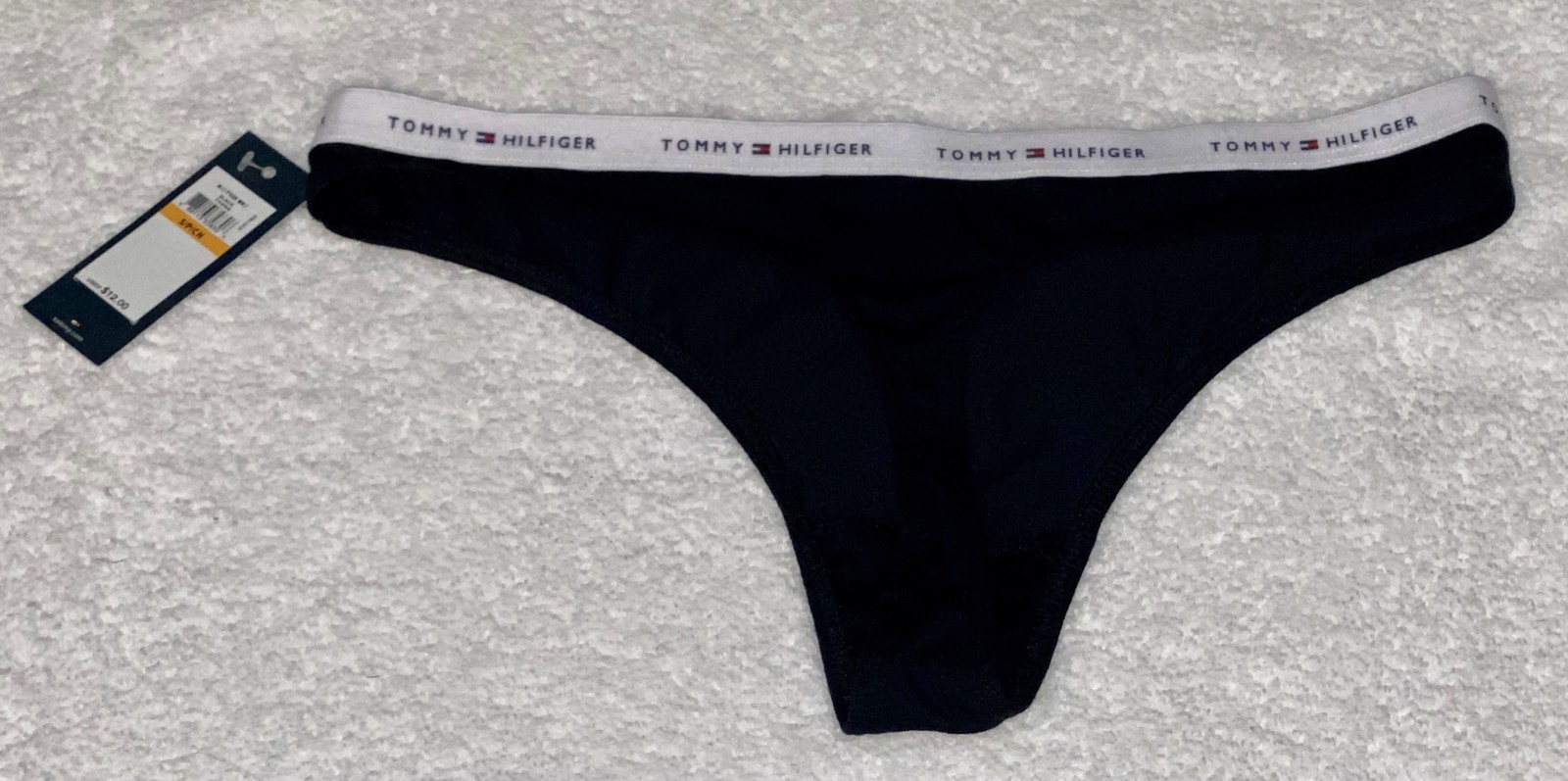 TOMMY HILFIGER Classic Cotton Black Logo Band Thong Panty NEW Womens Sz M 6 MD