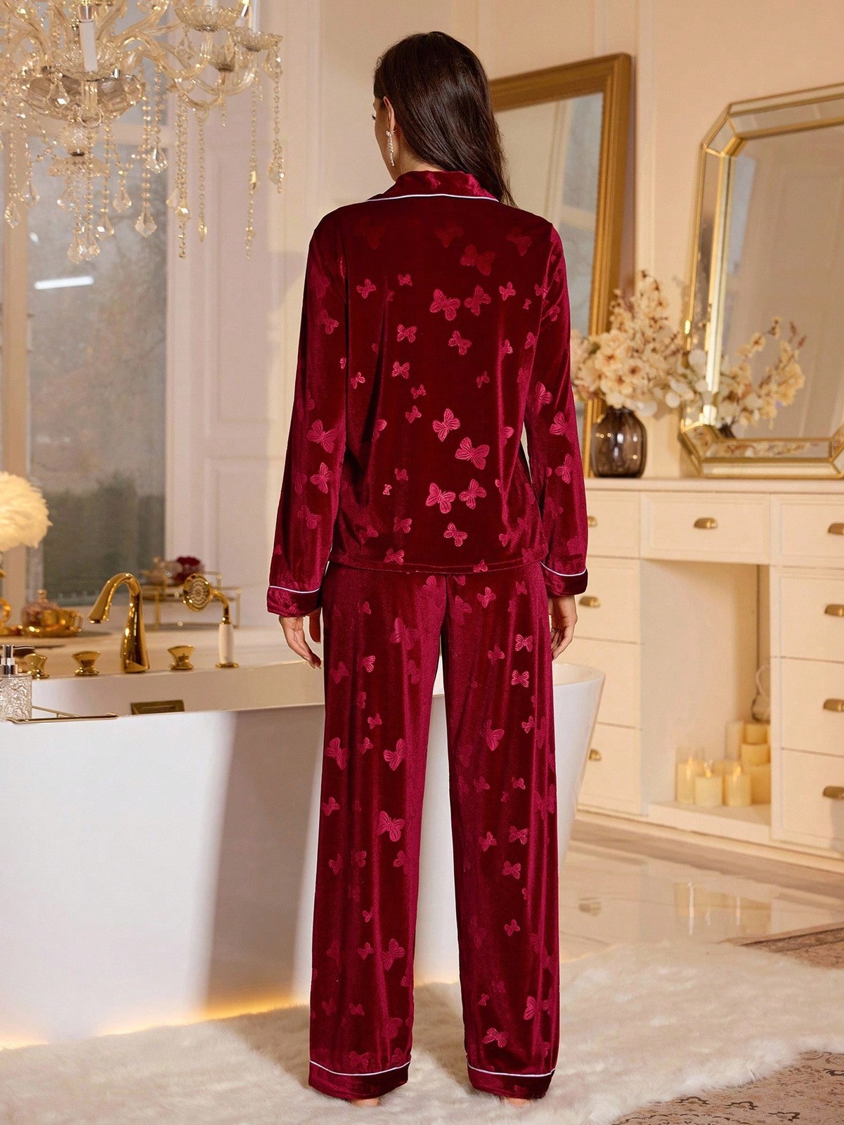 LuxeNights Plain Butterfly Jacquard Velvet Top & Trousers Ladies Cheap24