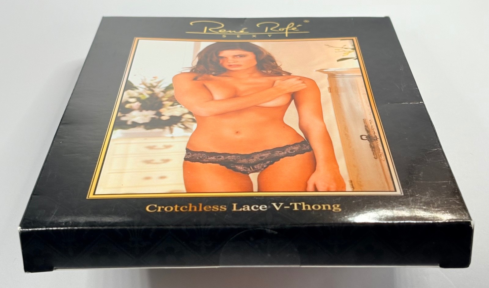 NIB Blk. Lace Women’s M/L Thong Panties Underwear~Crotchless, Stretch, Soft Lace